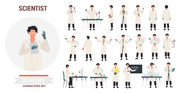 naukowiec pozuje zestaw, charakter stwarzające w laboratorium naukowym - scientist research test tube lab coat stock illustrations