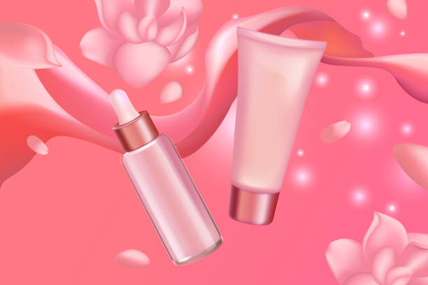 istock Cream serum cosmetics set for face skincare vector illustration, luxury cosmetic bottle packages with soft pink creamy liquid and flower petals background 1283683005
