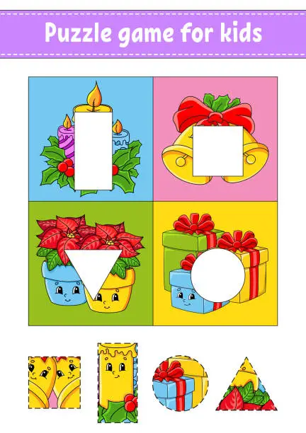 Vector illustration of Puzzle game for kids. Cut and paste. Christmas theme. Cutting practice. Learning shapes. Education worksheet. Circle, square, rectangle, triangle. Activity page. Cartoon character.