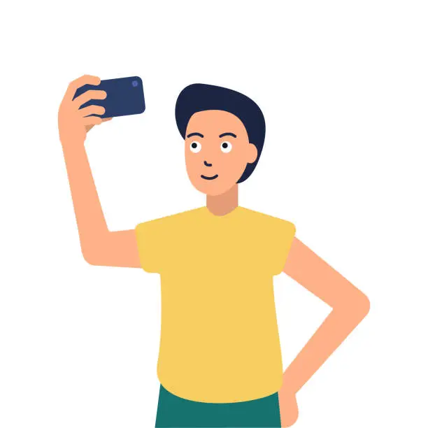 Vector illustration of Vector illustration of a guy taking a selfie, flat style on a white background, teenager, smartphone