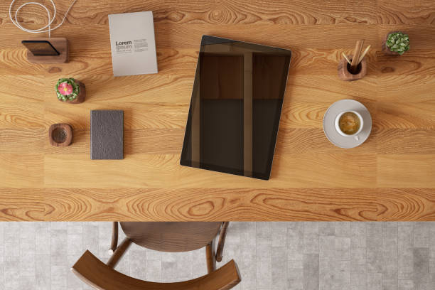 Office Desk Workspace Top View for Present Advertising Product on Tablet Screen. 3d Render