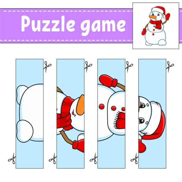 Vector illustration of Puzzle game for kids. Cutting practice. Christmas theme. Education developing worksheet. Activity page. Cartoon character.