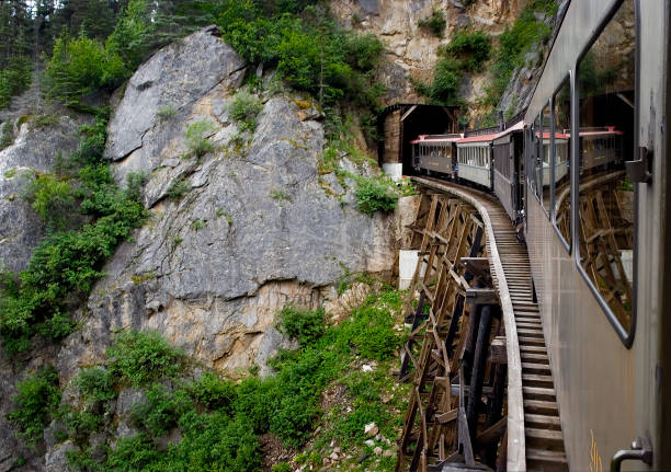 Alaska White Pass And Yukon Route Railroad Train Traveling Through A Mountain Range