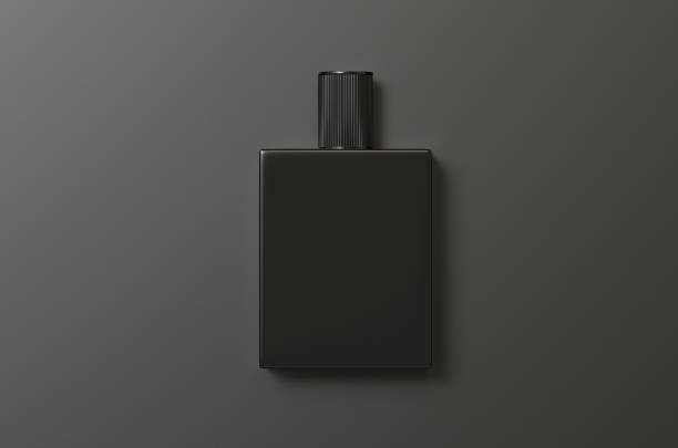 Black fragrance perfume bottle mockup on dark empty background, 3d illustration stock photo
