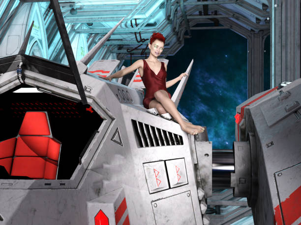 3D Photo of a Futuristic Female on a Spaceship stock photo