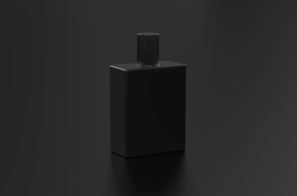 istock Black fragrance perfume bottle mockup on dark empty background, 3d illustration 1283685176