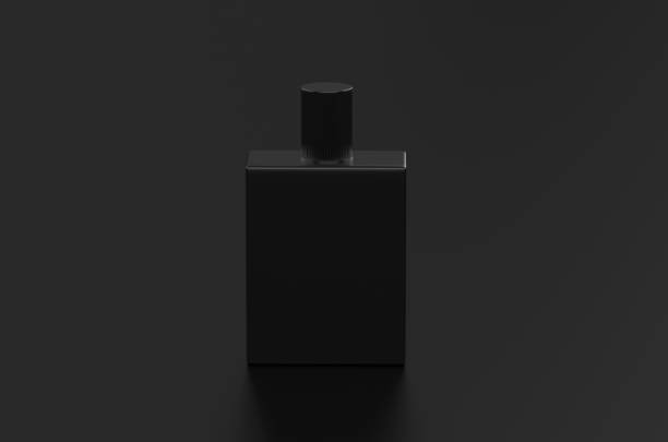 istock Black fragrance perfume bottle mockup on dark empty background, 3d illustration 1283685182