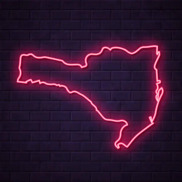 Vector illustration of Santa Catarina map - Glowing neon sign on brick wall background