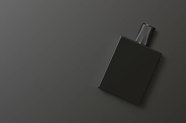 istock Black fragrance perfume bottle mockup on dark empty background, 3d illustration 1283685577