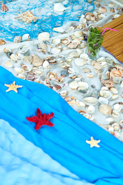 istock Top view of imitates summer sea beach vacation at home quarantine. 1283685698