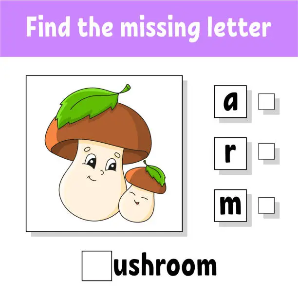 Vector illustration of Find the missing letter. Education developing worksheet for kids. Activity page. Cartoon character. Autumn theme.