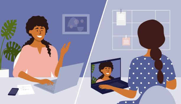 ilustrações, clipart, desenhos animados e ícones de duas mulheres fazendo chamada de vídeo online e falando por webcam de laptop - entrevista