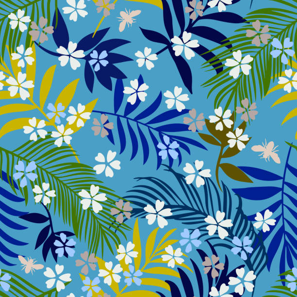 botanische nahtlose muster. exotische zweige, zweige, blatt, laub und gänseblümchen blumen. floral hintergrund natur sommermotiv. - floral pattern flower backgrounds lush foliage stock-grafiken, -clipart, -cartoons und -symbole