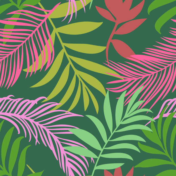 ilustrações, clipart, desenhos animados e ícones de padrão botânico sem emendas. raminhos exóticos de fantasia desenhados à mão. enfeite de folha. fundo floral feito de folhas de folhagem de ervas para design de moda, têxtil, tecido e papel de parede. - tropical