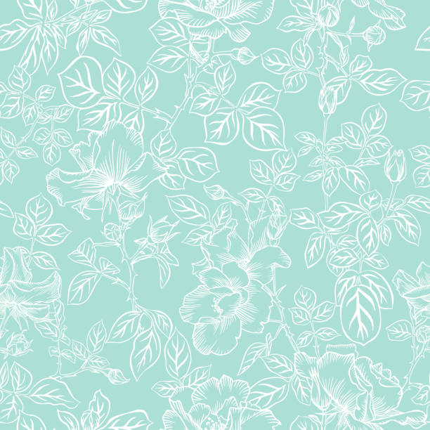 Floral bloom. Silhouettes of large roses and petals. Outline sketch contour drawing, Line art. Seamless pattern made of garden flowers. Fashion design for fabric and textile, postcards, wallpaper. Floral bloom. Silhouettes of large roses and petals. Outline sketch contour drawing, Line art. Seamless pattern made of garden flowers. Fashion design for fabric and textile, postcards, wallpaper. spring background stock illustrations