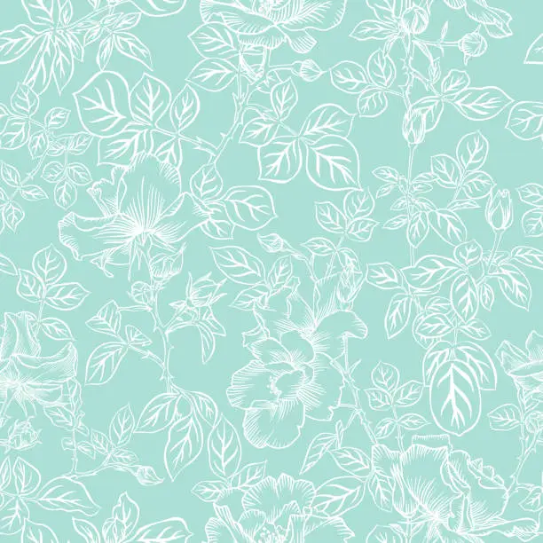 Vector illustration of Floral bloom. Silhouettes of large roses and petals. Outline sketch contour drawing, Line art. Seamless pattern made of garden flowers. Fashion design for fabric and textile, postcards, wallpaper.