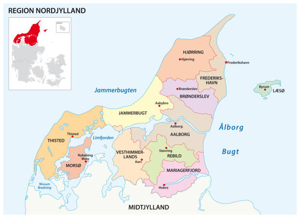 vector administrative map of the Region North Jutland, Denmark vector administrative map of the Region North Jutland, Denmark aalborg stock illustrations