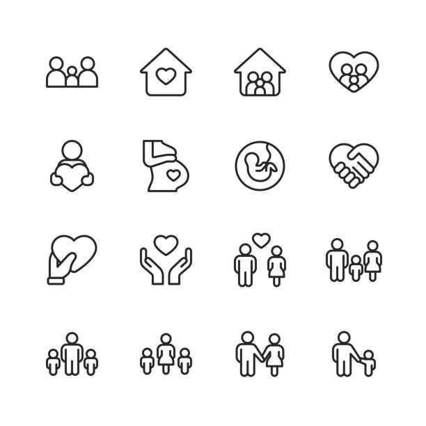16 Family Outline Icons. Family, Parent, Father, Mother, Child, Home, Love, Care, Pregnancy, Handshake, Support, Togetherness, Community, Multi-Generation Family, Social Gathering, Man, Woman, Senior Adult, Healthcare, Charity, Domestic Life, Birthday, Protection, Wedding, Marriage, Photography, Human Connection.