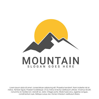 Mountain sun logo design concept. Sun logo with mountain symbol vector logo design template isolated on white background. Design template for business, camping, traveling, outdoor, adventure and more