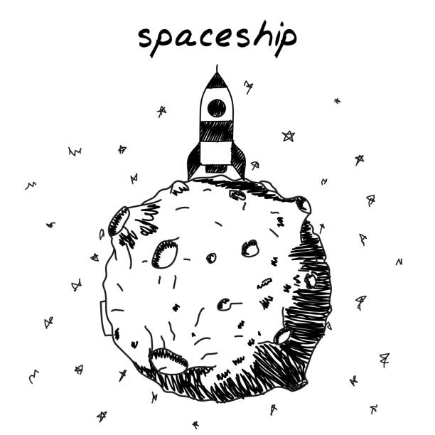 ilustraciones, imágenes clip art, dibujos animados e iconos de stock de cohete en un planeta dibujado a mano ilustración. imágenes prediseñadas vectoriales de una nave espacial en un asteroide. esbozo en blanco y negro del concepto de viaje interplanetario, espacio, universo, cosmos, cohete - interplanetary