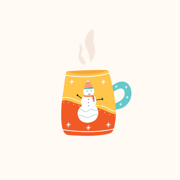 Christmas cup or mug of hot drink Christmas cup or mug of hot drink with cute snowman and winter decoration. Vector illustration in flat cartoon style. christmas eggnog stock illustrations