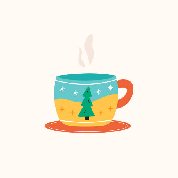 Christmas cup or mug of hot drink with cute fir tree Christmas cup or mug of hot drink with cute fir tree and winter decoration on plate . Vector illustration in flat cartoon style. christmas eggnog stock illustrations