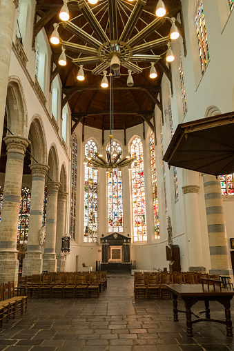 April 8, 2019 - Netherlands - Interior of the The Oude Kerk (Old Church), the oldest parish church and oldest building in Delft, was officially founded in 1246. The artist Johannes Vermeer is buried here.