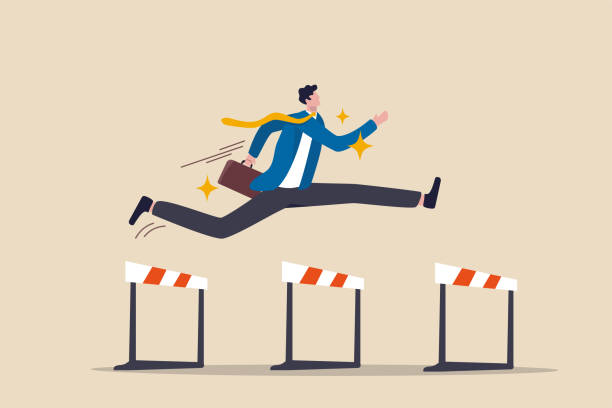 ilustrações de stock, clip art, desenhos animados e ícones de success to win in business competition, overcome obstacles or motivation to solve problem and lead company achievement concept, confident businessman leader jump high over 3 hurdles to be winner. - hurdling