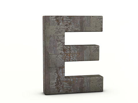 Rusty metal letter E on a white background. 3d illustration.
