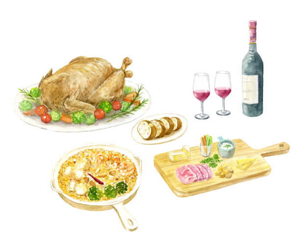 ilustraciones, imágenes clip art, dibujos animados e iconos de stock de ilustración de acuarela de la cena de navidad. - roast chicken illustrations