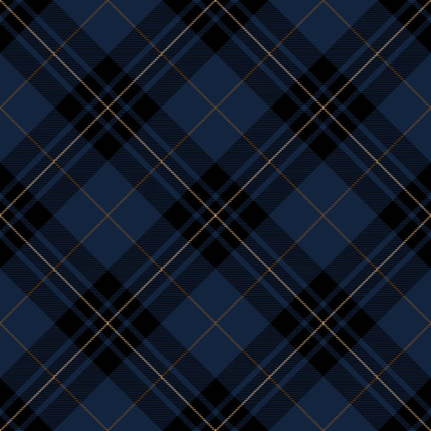 Blue, black and brown Scottish tartan plaid seamless diagonal textile pattern background.