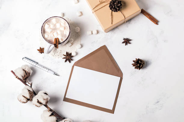 istock Greeting card mock-up, top view. 1283694618