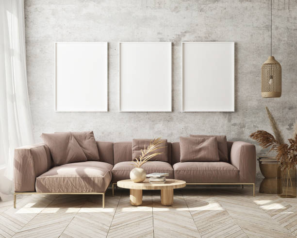 istock mock up poster frame in modern interior background, scandinavian style, 3D render 1283695081