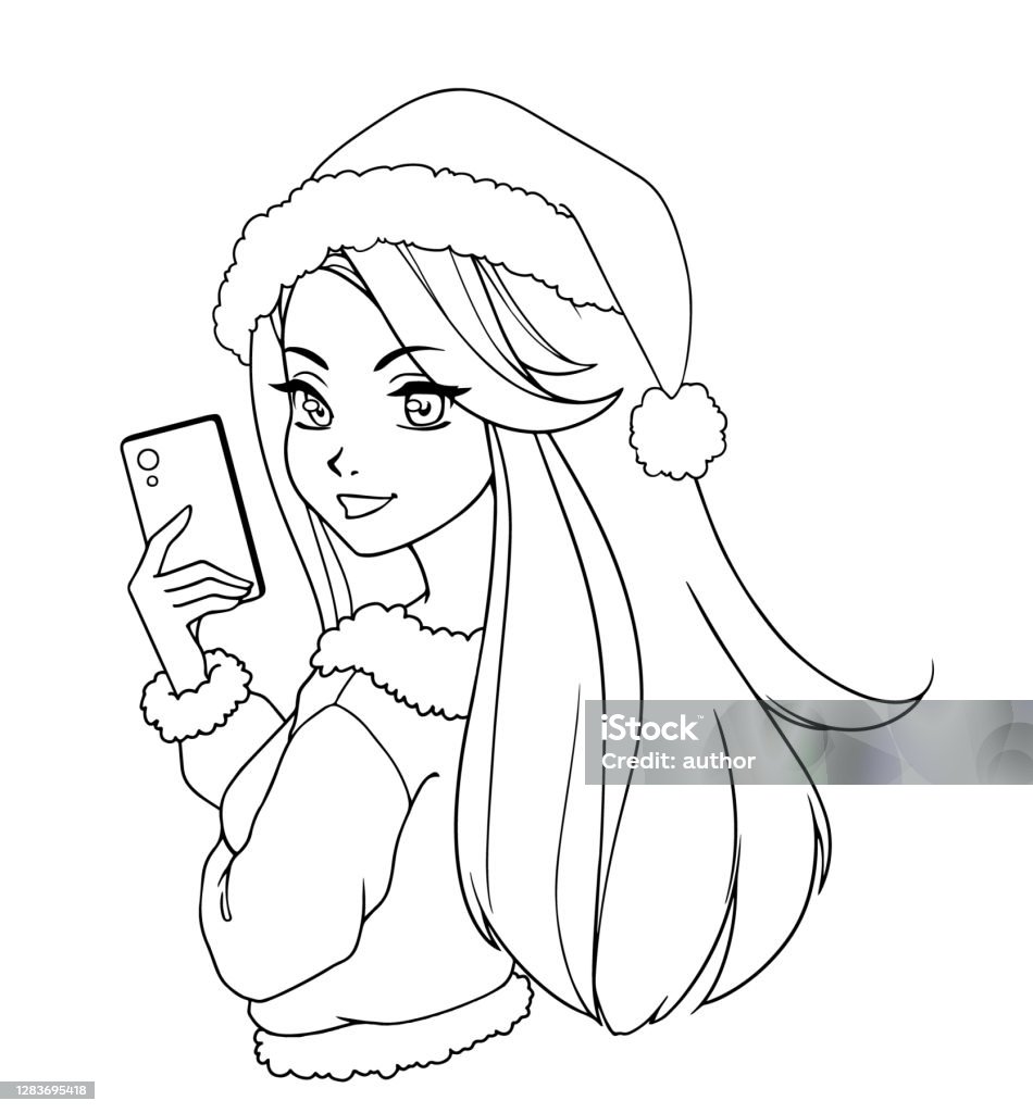 Cartoon Beautiful Girl Taking Selfie Hand Drawn Christmas Vector ...