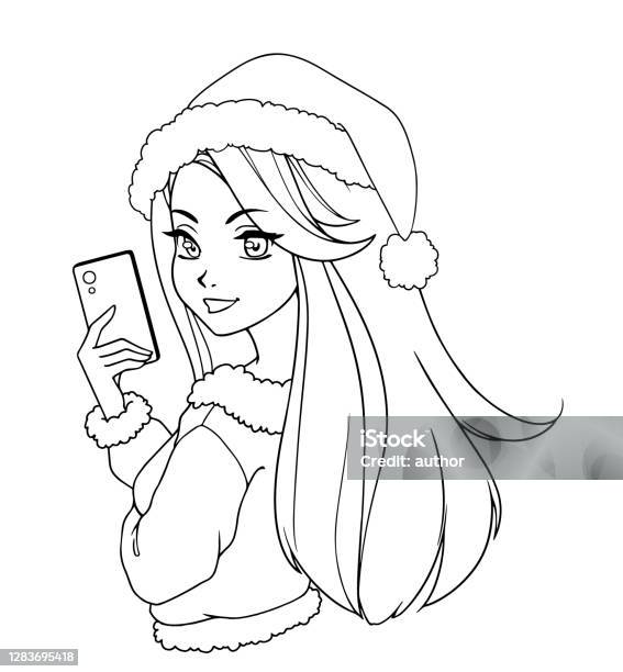 Cartoon Beautiful Girl Taking Selfie Hand Drawn Christmas Vector  Illustration Contour Drawing For Coloring Book Isolated On White Stock  Illustration - Download Image Now - iStock