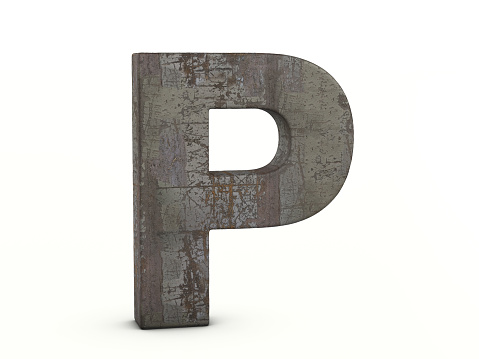 Rusty metal letter P on a white background. 3d illustration.