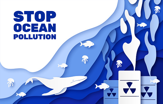 Campaign poster for the protection of the ocean from pollution. Layered paper-style design. Ecology and environment protection. Vector illustration