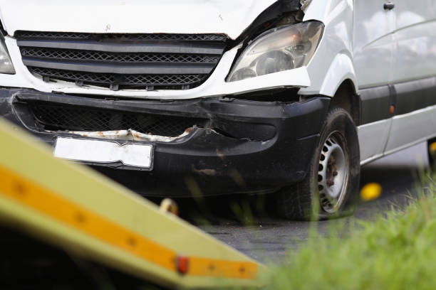 istock Broken minibus stands on road after an acciden 1283696721