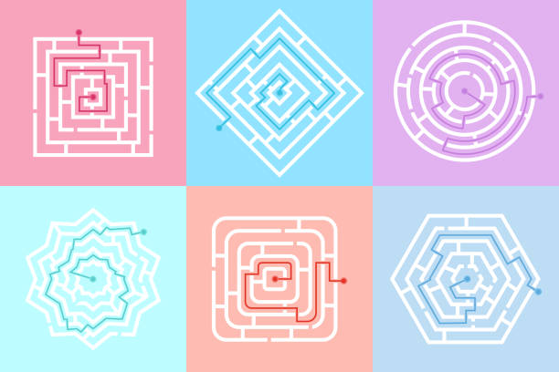 labyrinth-game-maze Maze game labyrinth. Labyrinth shape design element. Labyrinth games of different shapes and complexity. One sure way, find your way to the center. Vector illustration lost icon stock illustrations