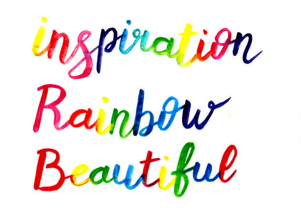 istock Set of hand drawn lettering illustration. Inspiration, rainbow, beautiful words. Watercolor script inscription. Different colors, rainbow style. Print for design, textile, clothes, copybooks 1283696866
