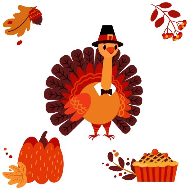 istock Thanksgiving Turkey with pumpkin and pie. Bird in pilgrim hat for greeting card or banner. 1283697320