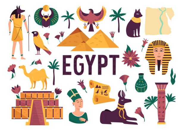 illustrations, cliparts, dessins animés et icônes de ensemble de symboles, de repères, d’objets de l’egypte ancienne. illustration vectorielle - groupe dobjets illustrations