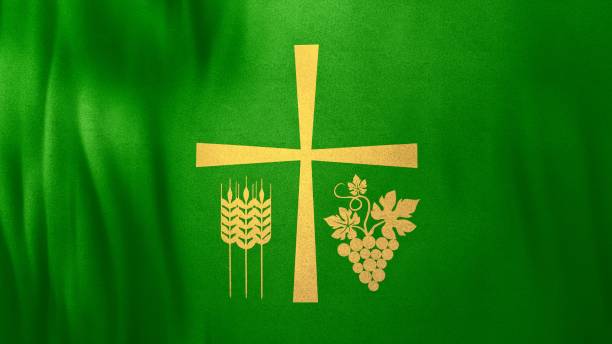 Holy Cross with Thanksgiving Symbols on Green Cloth Holy Cross with Thanksgiving Symbols on Green Cloth. Wide 3D illustration conceptual shot of Christian liturgical background for online live video sermons and confessional religious content. methodist stock pictures, royalty-free photos & images