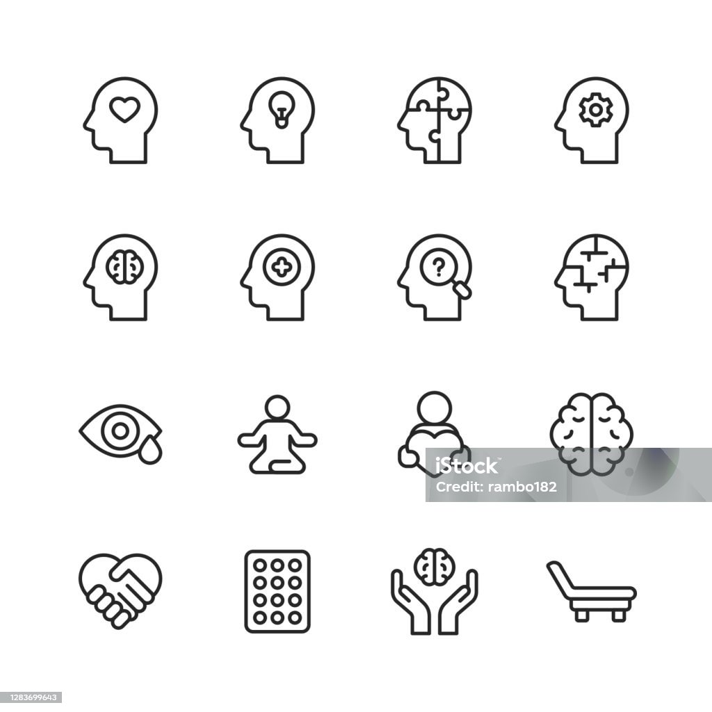 Mental Health and Wellbeing Line Icons. Editable Stroke. Pixel Perfect. For Mobile and Web. Contains such icons as Anxiety, Care, Depression, Emotional Stress, Healthcare, Medicine, Human Brain, Loneliness, Psychotherapy, Sadness, Support, Therapy. 16 Mental Health and Wellbeing Outline Icons. Mental Health, Anxiety, Advice, Attitude, Care, Confidence, Confusion, Emotional Stress, Friendship, Happiness, Healthcare, Medicine, Hospital Bed, Hospital, Human Brain, Illness, Loneliness, Mental Wellbeing, Positive Emotion, Psychiatric Hospital, Psychotherapy, Sadness, Satisfaction, Schizophrenia, Support, A Helping Hand, Family, Adult, Therapy, Disorder, Social Distance. Icon stock vector