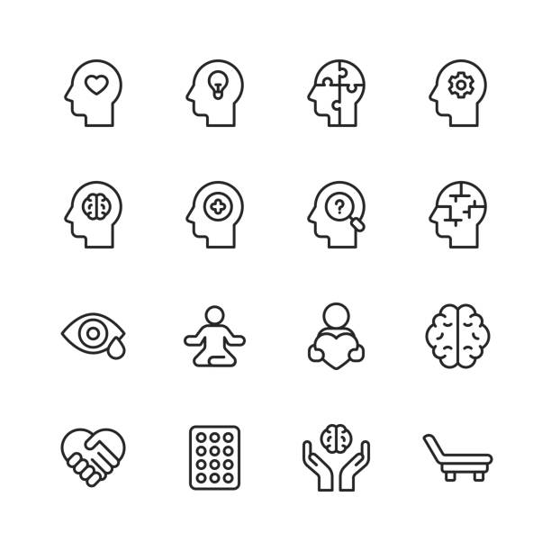 Mental Health and Wellbeing Line Icons. Editable Stroke. Pixel Perfect. For Mobile and Web. Contains such icons as Anxiety, Care, Depression, Emotional Stress, Healthcare, Medicine, Human Brain, Loneliness, Psychotherapy, Sadness, Support, Therapy. 16 Mental Health and Wellbeing Outline Icons. Mental Health, Anxiety, Advice, Attitude, Care, Confidence, Confusion, Emotional Stress, Friendship, Happiness, Healthcare, Medicine, Hospital Bed, Hospital, Human Brain, Illness, Loneliness, Mental Wellbeing, Positive Emotion, Psychiatric Hospital, Psychotherapy, Sadness, Satisfaction, Schizophrenia, Support, A Helping Hand, Family, Adult, Therapy, Disorder, Social Distance. human brain stock illustrations