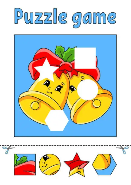 Vector illustration of Find the missing piece. Education developing worksheet for kids. Puzzle game. Activity page. Christmas theme. Cartoon character.