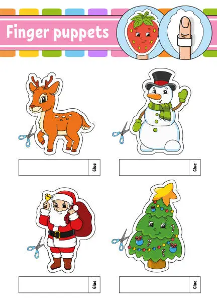 Vector illustration of Finger puppets. Activity Game for kids. Cute characters. Cartoon style. Christmas theme. Color vector illustration.