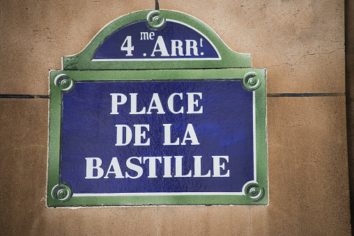 Closeup of Bastille place street name on the traditional parisian street plate on stoned building