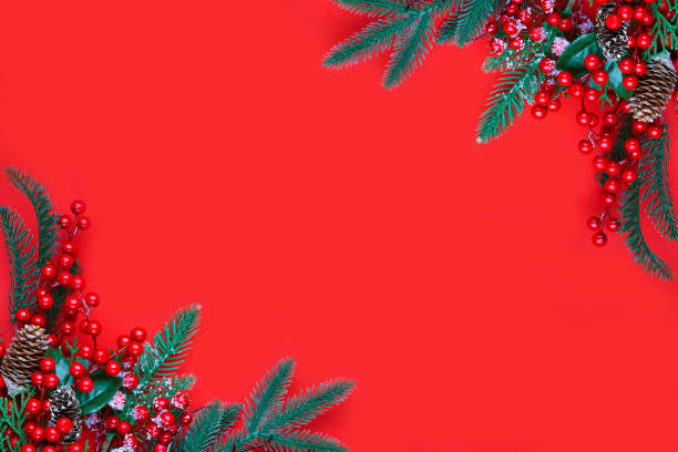 istock Christmas decorations on the red background with copy space for your text. 1283707186