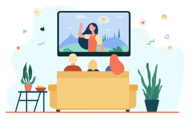 Vector illustration of Back view of family sitting on sofa and watching TV